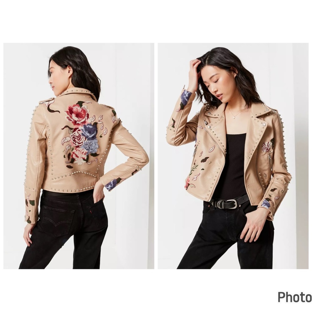 Blank NYC Natural Romance Studded Moto‎ Jacket Floral Embroidered Faux Leather S
